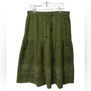 NAOO Nation Olive Green Midi Skirt Elastic Waist Cotton Eyelet Boho Large